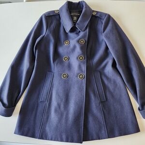 LORD & TAYLOR Wool Blend Pea Coat Womens 14 Penny Lane‎ Twee Preppy Navy A Line